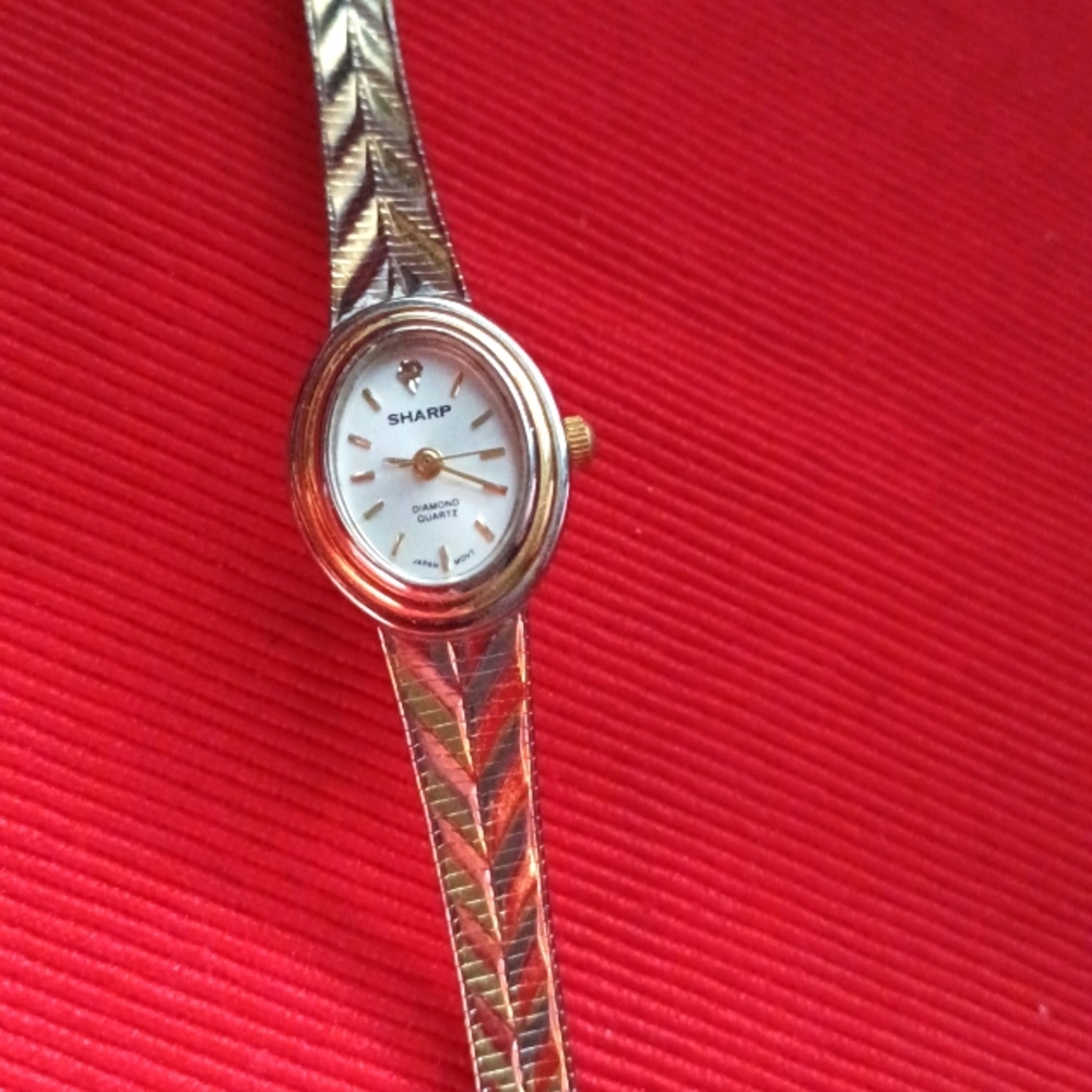 Women's watch in gold and silver band. It's adjustable.  Brand is Sharp